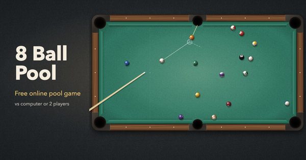A pool table seen from above mid-game, the cue drawn back with aim lines to a ball by the side pocket, beside the title 8 Ball Pool
