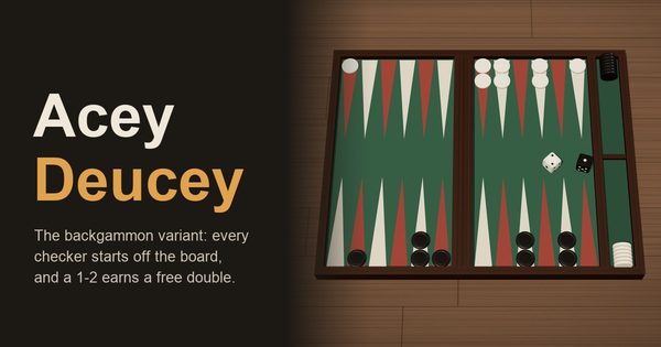 A 3D backgammon board set up for acey deucey, checkers entering from the tray, beside the title Acey Deucey