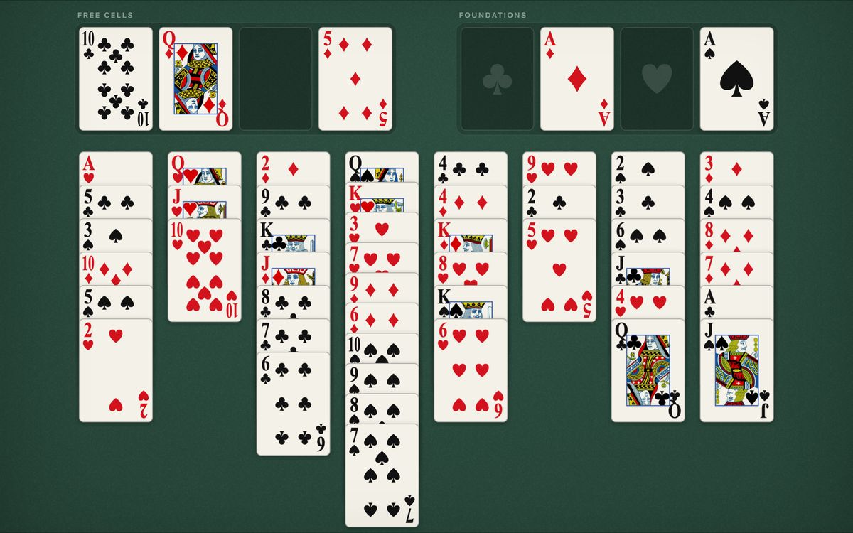 Baker's Game in progress: four free cells, four foundations and eight columns where cards are built down in the same suit