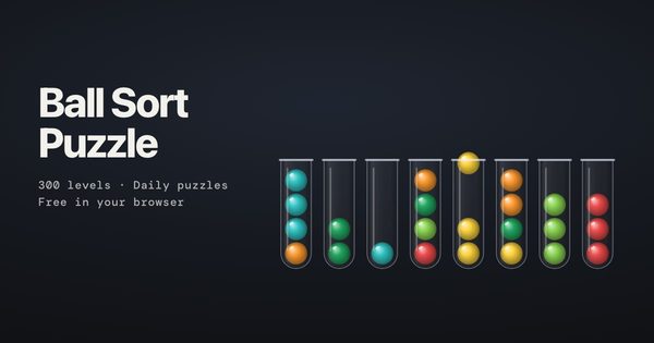 A ball sort puzzle: glass tubes holding glossy colored balls, one yellow ball lifted above a tube, beside the title Ball Sort Puzzle