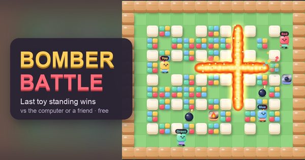 A bomber game: four toy figures in the corners of a block arena while a cross of flames goes off, beside the title Toybox Bomber Battle