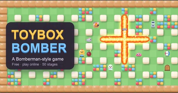 A Bomberman-style game: a yellow-headed toy hero beside a bomb while a cross of flames blasts toy blocks, beside the title Toybox Bomber