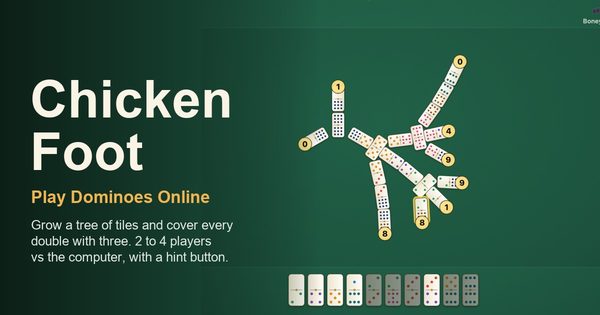 A tree of ivory domino tiles with numbered glowing ends branching from a central double on green felt, beside the title Chicken Foot