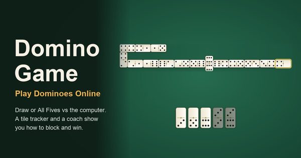 A domino line snaking across green felt with a hand of ivory tiles below, beside the title Domino Game