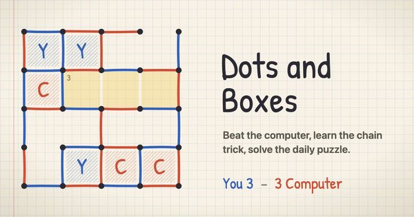 A dots and boxes grid on notebook paper with blue and red pencil lines, boxes marked Y and C and a highlighted chain, beside the title Dots and Boxes
