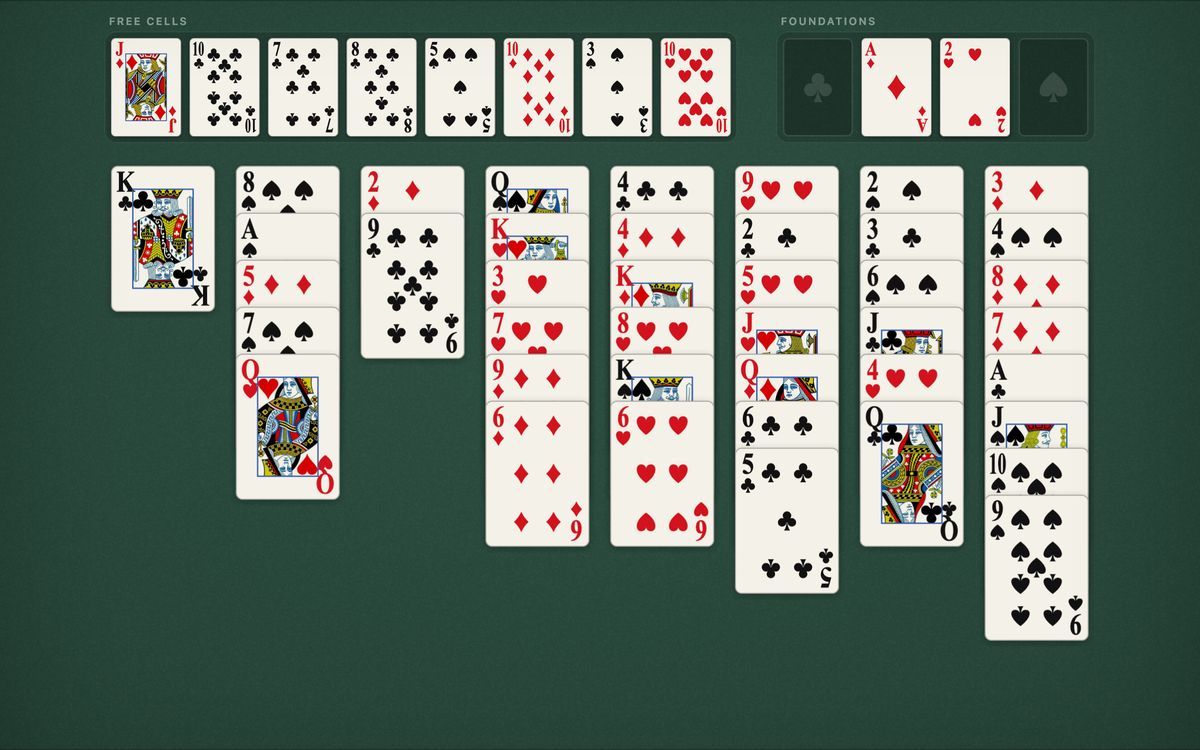 Eight Off solitaire in progress: eight cells with cards parked in them, four foundations and eight columns built down in suit