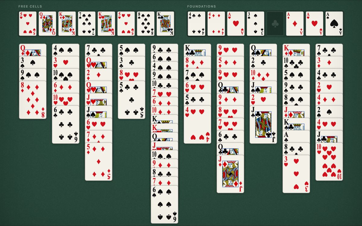 FreeCell Two Decks in progress: eight free cells and eight foundations above ten columns of face-up cards from two decks