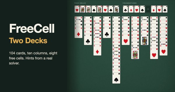 FreeCell Two Decks on green felt: eight free cells, eight foundations and ten columns of cards, beside the title FreeCell Two Decks