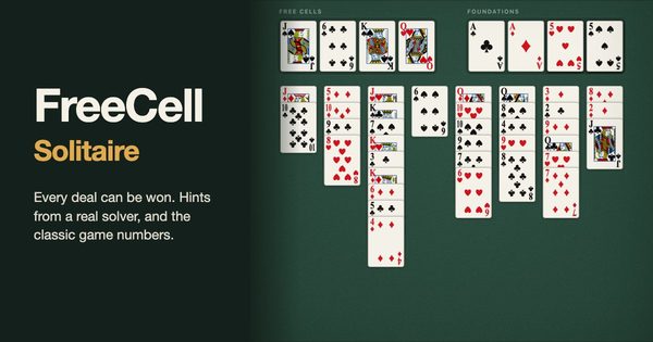 A FreeCell solitaire game on green felt with cards in the free cells, foundations and eight columns, beside the title FreeCell Solitaire