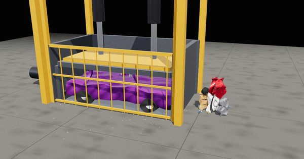 A 3D hydraulic press game: a yellow scrap baler crushing a pile of junk into a cube