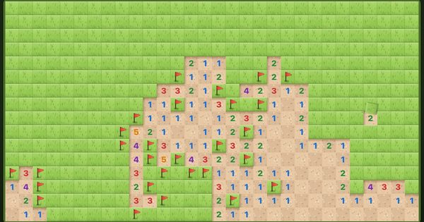 A Minesweeper board of grass squares with numbers and red flags