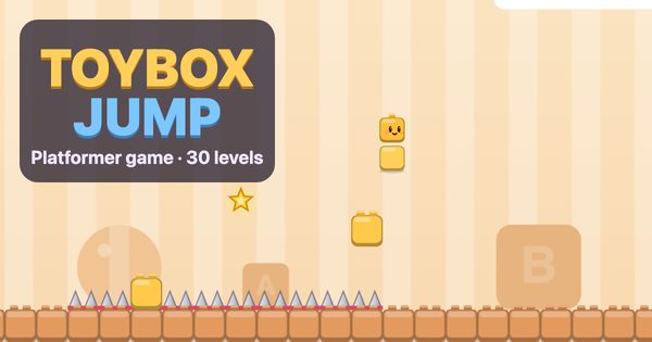 A platformer game: a stack of yellow toy bricks jumping off a brick it put down in mid-air, above a row of spikes with another brick as a lid, beside the title Toybox Jump
