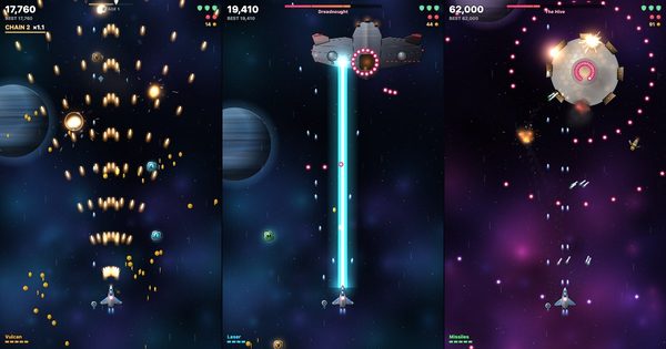 A space shooter game: a fighter firing a laser at a huge battleship boss