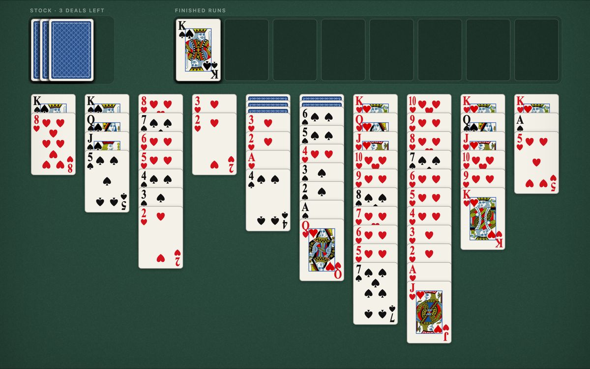 Two suit Spider Solitaire in progress: runs of spades and hearts in ten columns, face-down cards beneath them, the stock at the top left