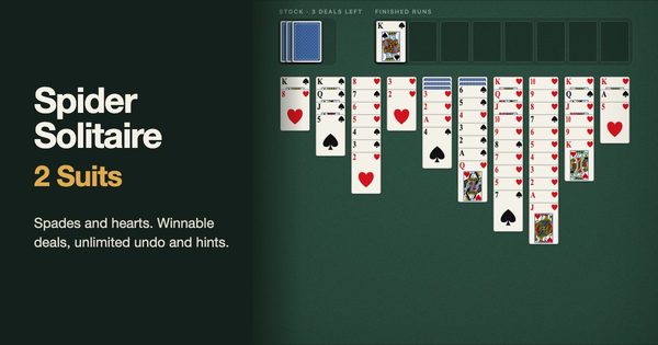 Two suit Spider Solitaire on green felt: ten columns of spades and hearts over face-down cards, beside the title Spider Solitaire 2 Suits