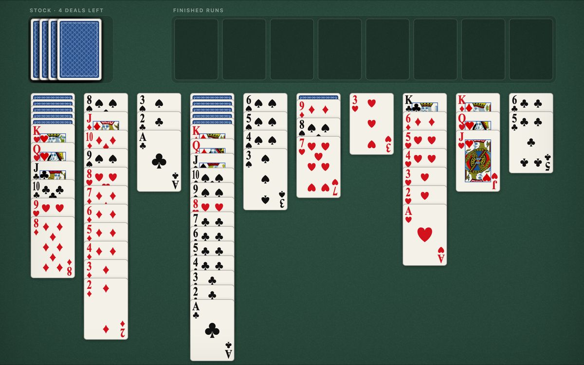 Four suit Spider Solitaire in progress: ten columns mixing clubs, diamonds, hearts and spades over face-down cards, the stock at the top left