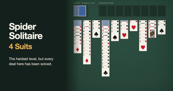 Four suit Spider Solitaire on green felt: ten columns mixing all four suits over face-down cards, beside the title Spider Solitaire 4 Suits