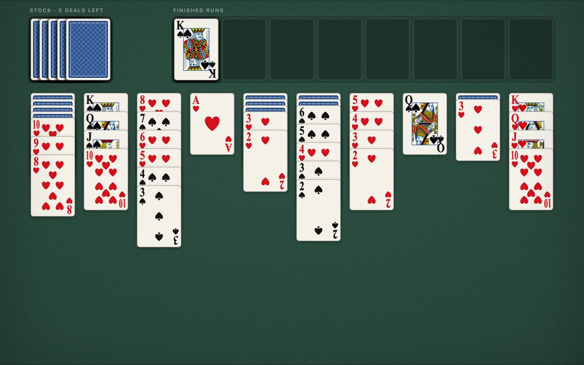 A Spider Solitaire game in progress: the stock at the top left, finished runs at the top right and ten columns with face-down cards under runs of spades and hearts