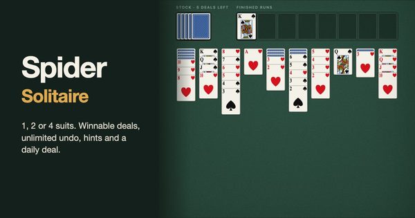 A Spider Solitaire game on green felt: the stock, a finished run and ten columns of spades and hearts over face-down cards, beside the title Spider Solitaire