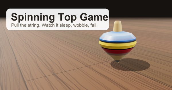 A 3D spinning top game: a painted wooden top spinning on a wooden floor