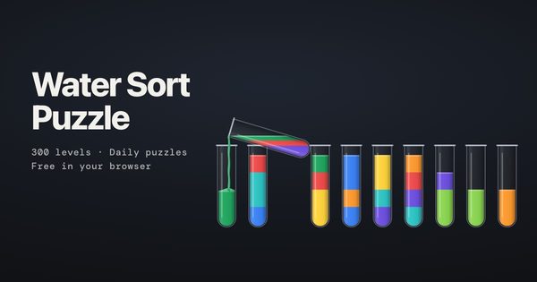 A water sort puzzle: a glass tube tilted to pour green water into another tube, beside a row of tubes with layered colors and the title Water Sort Puzzle